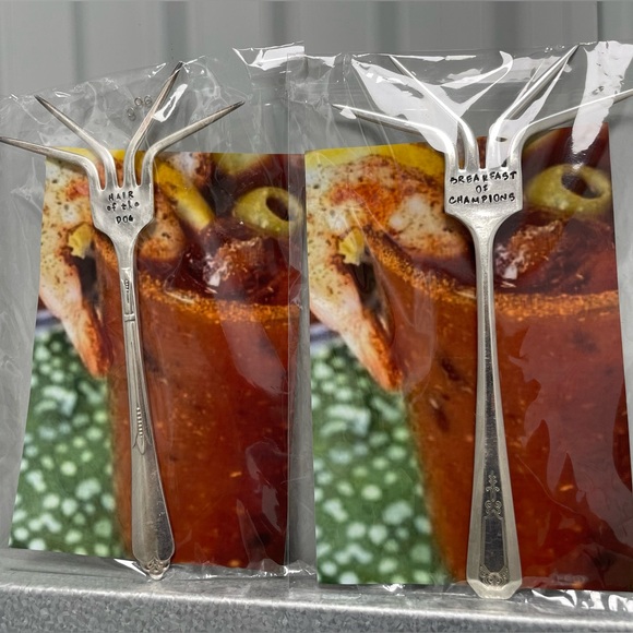 Set of 2 Bloody Mary garnish stir forks breakfast of champs Hand crafted/stamped - Picture 3 of 8